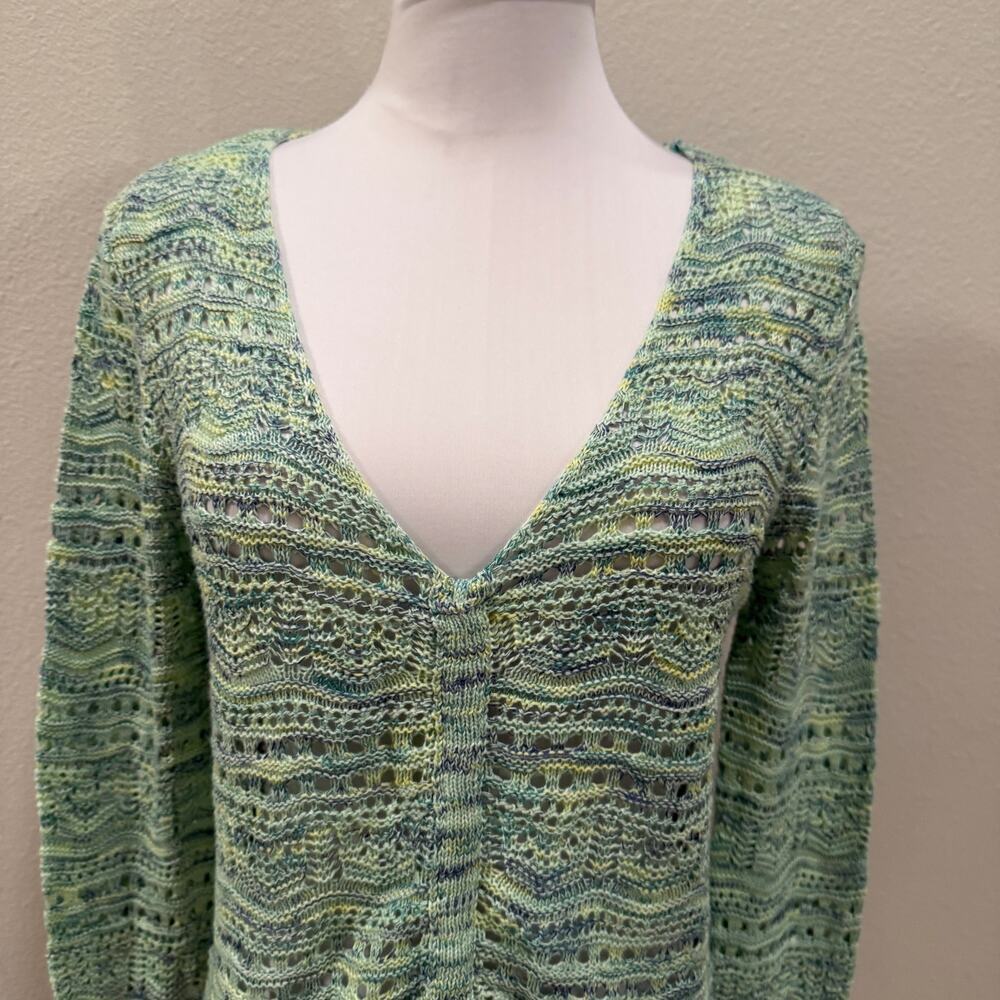 Mint Green Open Knit Ruched Sweater Long Bell Sleeves Scalloped Hem V Neck Airy - Picture 5 of 10